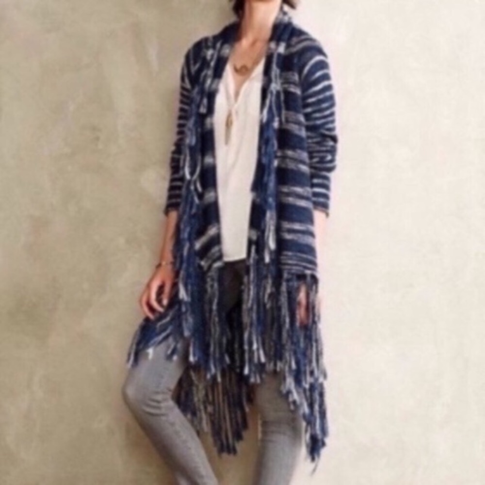Anthropologie Yellow Bird Blanket Sweater‎ Blue Fringe Women’s Sz Large NWOT